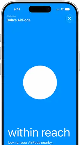 iPhone, displaying Find My for AirPods, AirPods are within reach of iPhone