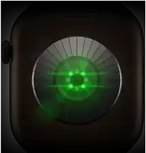 الجهة الخلفية من Apple Watch Series 12، إطار ألومنيوم، لون برونزي داكن، مستشعرات دائرية متعددة مع أضواء LED خضراء متوهجة، الجهة الخارجية اليسرى، التاج الرقمي، حزام رياضي، لون زيتي