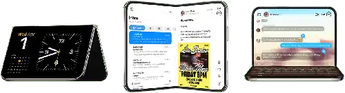 ثلاثة موديلات iPhone Duo معروضة في وضعيات مختلفة جنباً إلى جنب: iPhone Duo في الجهة اليسرى مفتوح ومثبّت على شكل حرف V مقلوب ومستقر على حوافه، شاشته موجّهة نحو الخارج في نمط الاستعداد وتعرض تطبيق الساعة، جهاز iPhone Duo في الوسط يقف في وضع مستقيم على شكل حرف V في نمط الاستعداد ويعرض تطبيق Siri في الجهة اليسرى وتطبيق الرسائل في الجهة اليمنى، جهاز iPhone Duo في الجهة اليمنى مفتوح ومستقر على اللوحة السفلية مع تطبيق +Fitness في الأمام
