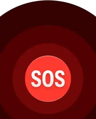أيقونة طوارئ SOS، دوائر حمراء متداخلة مع كلمة SOS باللون الأبيض في الوسط