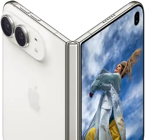 جهاز iPhone Duo، مفتوح جزئياً على شكل كتاب مع آلية المفصل في الوسط، اللوحة الخلفية الخارجية في الجهة اليسرى تحتوي على شعار Apple وكاميرا مزدوجة، الشاشة الخارجية في الجهة اليمنى تعرض صورة بورتريه لشخص بشعر أشقر