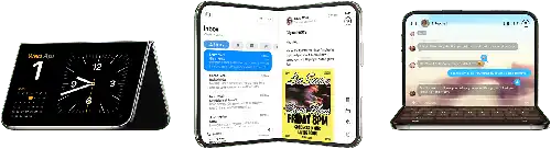 ثلاثة موديلات iPhone Duo معروضة في وضعيات مختلفة جنباً إلى جنب: جهاز iPhone Duo في الجهة اليسرى مفتوح ومثبّت على شكل حرف V مقلوب ومستقر على حوافه، شاشته موجّهة نحو الخارج في نمط الاستعداد وتعرض تطبيق الساعة، جهاز iPhone Duo في الوسط يقف في وضع مستقيم على شكل حرف V في نمط الاستعداد ويعرض تطبيق Siri في الجهة اليسرى وتطبيق الرسائل في الجهة اليمنى، جهاز iPhone Duo في الجهة اليمنى مفتوح ومستقر على اللوحة السفلية مع تطبيق +Fitness في الأمام