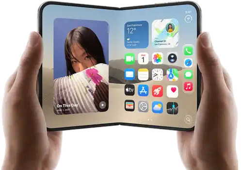 جهاز iPhone Duo، لون أبيض النجوم، يدان تحملان الجهاز في الوضع الأفقي، مفتوح، الشاشة الداخلية تعرض صوراً على الجهة اليسرى، تطبيقات على الجهة اليمنى