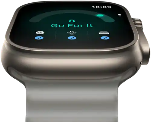 Apple Watch Ultra 4, titanium case, natural color, readiness score of 8, right side exterior, Digital Crown, raised side button, Ocean Band, translucent gray color