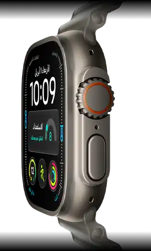 Apple Watch Ultra 4, titanium case, natural color, digital clock face, complications: readiness, heart rate, Workouts, temperature, right side exterior, Digital Crown, raised side button, Ocean Band, translucent gray color