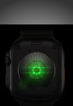 Back of Apple Watch Ultra 4, titanium case, black color, multiple round sensors with glowing green LED lights