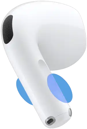 AirPods 5 earbud exterior, blue circles highlighting where to touch the stem for volume controls