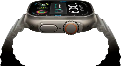 Apple Watch Ultra 4, titanium case, natural color, digital clock face, complications: readiness, heart rate, Workouts, temperature, right side exterior, Digital Crown, raised side button, Ocean Band, translucent gray color