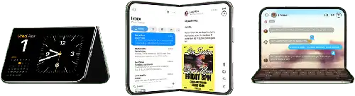 iPhone Duo, various positions: inverted open landscape orientation, unfolded at slight angle, exterior display, all-screen design. Slightly open like a book and standing upright. Open landscape orientation, unfolded at right angle, interior display, all-screen design