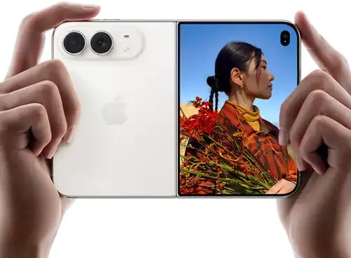 iPhone Duo, Star White color, held by two hands in horizontal orientation, unfolded, left panel shows 48MP Dual Fusion rear cameras, right panel shows person getting their picture taken on outer display, the subject of the photo is able to see their face as their picture is getting taken using Duo Preview