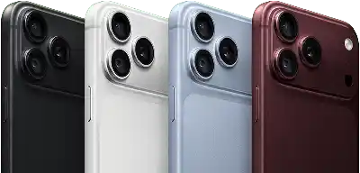 أجهزة iPhone 18 Pro في صف واحد، الجهة الخارجية الخلفية، جميع الألوان الأربعة: عنّابي، وجليدي، وفضي، وأسود، نظام كاميرا Pro Fusion في الزاوية العلوية اليسرى، 3 عدسات، ميكروفون، فلاش