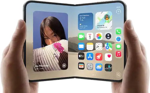 iPhone Duo, Star White color, held by two hands in landscape orientation, unfolded, interior screen displays photos on the left, apps on the right