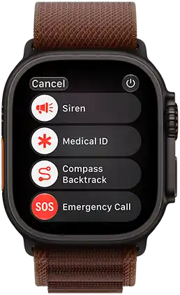 Apple Watch Ultra 4, titanium case, black color, satellite connection, right side exterior, Digital Crown, raised side button, Alpine Loop band, burgundy color
