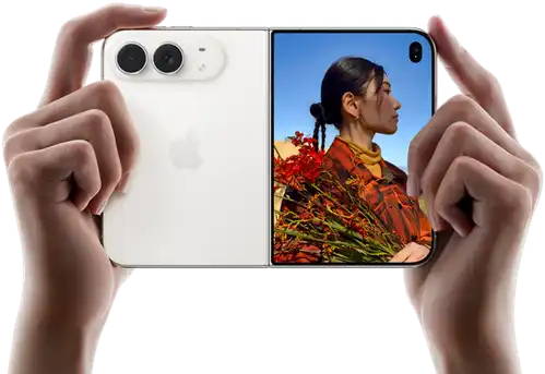 iPhone Duo, Star White color, held by two hands in horizontal orientation, unfolded, left panel shows 48MP Dual Fusion rear cameras, right panel shows person getting their picture taken on outer display, the subject of the photo is able to see their face as their picture is getting taken using Duo Preview