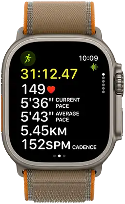Apple Watch Ultra 4, titanium case, natural color, advanced Outdoor Run workout metrics, right side exterior, Digital Crown, raised side button, Trail Loop band, sand color