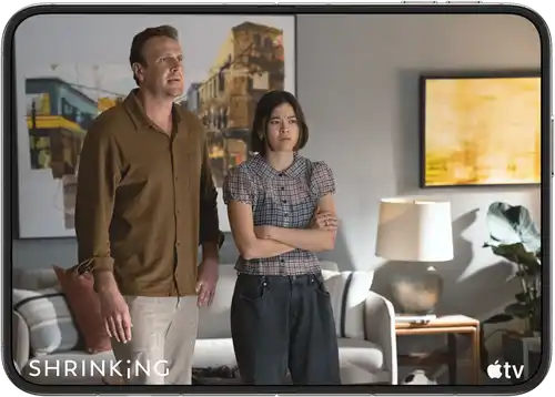 iPhone Duo, opened in horizontal position, Apple TV show 