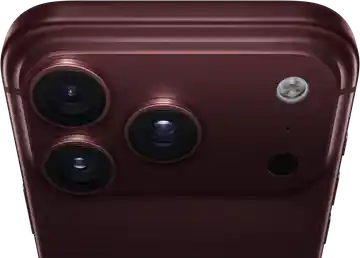 iPhone 18 Pro Max, burgundy color (dark red), back exterior, Pro Fusion camera system at top, 3 lenses, variable aperture blades partially closed, flash, microphone and LiDAR Scanner, top exterior, cellular antenna, flat sides, rounded edges