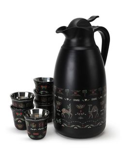 Karam Tribal Collection Coffee Thermos & Cups Set - (6 Cups) - Black