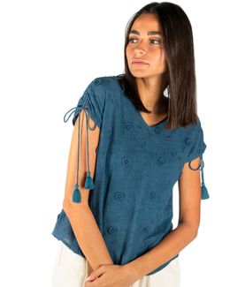 مشكاة بلوزة بتصميم كروشيه بنمط أزهار وأكمام قصيرة - أزرق - L