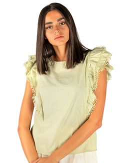 مشكاة قميص بأكمام كروشية قصيرة - أخضر فاتح - XL