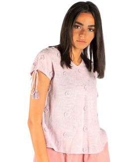 Mishkat Pink Crochet Floral Top with Short-Sleeves - S