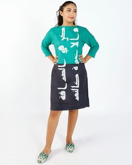 Mishkat Teal Green & Navy Blue Text Printed Midi Dress with Three-Quarter Sleeves - L