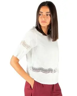 مشكاة بلوزة بتطريز وأكمام قصيرة- أبيض - XL